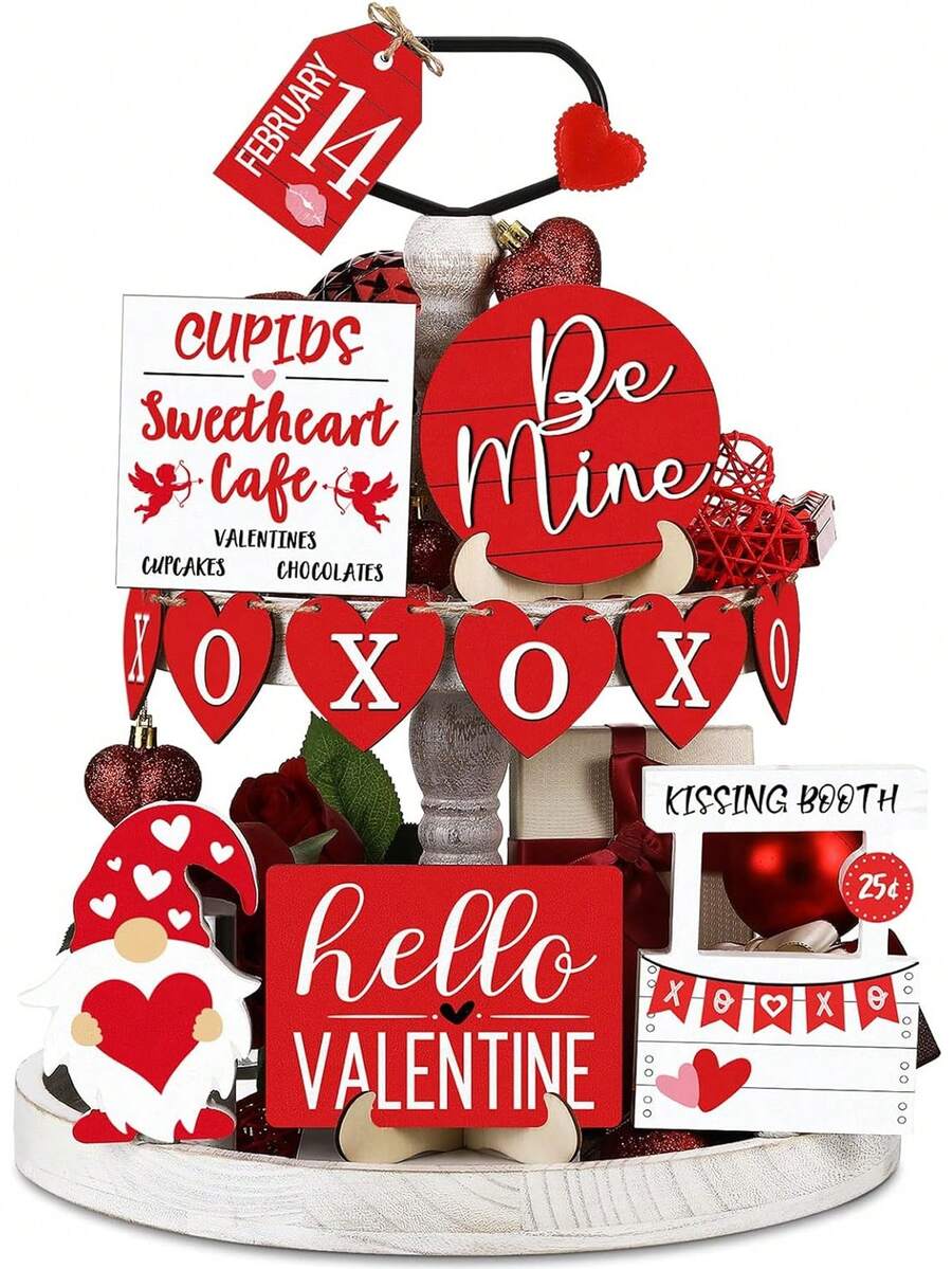 12入組情人節2層托盤裝飾套裝,情人節桌上木製標牌,農家咖啡杯標牌,情人節聚會家庭廚房假日裝飾愛心形裝飾 - 彩色 - 查看 1