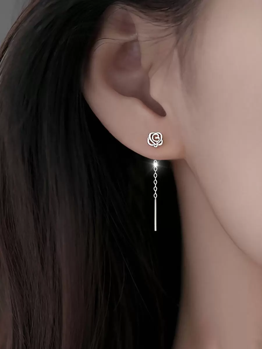 ELSEDES 1pair Stylish S925 Silver Rose Shaped Symbolizing Romance And Beauty, Minimalism And Personalized Style, Highlighting Shining Charm. Perfect For Women's Daily Wear, Dating Or As Gift To Girlfriend - Silver - View 1