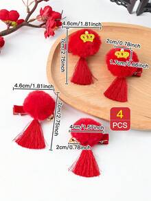 4 phụ kiện tóc màu đỏ dành cho trẻ em bao gồm kẹp tóc Pom Pom, tua rua, tua rua và cá sấu dễ thương - Nhiều màu - Xem 3