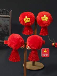 4 phụ kiện tóc màu đỏ dành cho trẻ em bao gồm kẹp tóc Pom Pom, tua rua, tua rua và cá sấu dễ thương - Nhiều màu - Xem 5