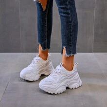 女士厚底运动鞋秋冬新款潮流学生舒适增高运动鞋休闲运动鞋 - 米色 - 查看 2