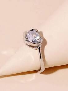 1個女性時尚珠寶單銀可調尺寸戒指,帶莫桑比克石和s925銀製天使之心1克拉鑽石戒指,非常適合情人節禮物、婚禮、派對、約會、日常穿著 - 銀色 - 查看 6