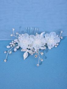 1 件女士手工白色雪纺花朵发梳，饰有人造珍珠，适合婚礼、新娘、生日、表演等。优雅的头饰情人节 - 白色 - 查看 4