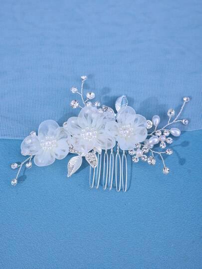 1pc Handmade White Chiffon Flower Hair Comb For Women, Embellished With Faux Pearls , Suitable For Wedding, Bridal, Birthday, Performance, Etc. Elegant Tiaras Valentine's Day