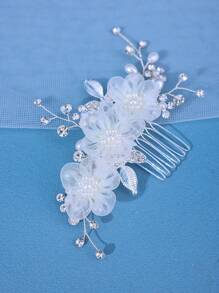 1 件女士手工白色雪纺花朵发梳，饰有人造珍珠，适合婚礼、新娘、生日、表演等。优雅的头饰情人节 - 白色 - 查看 2