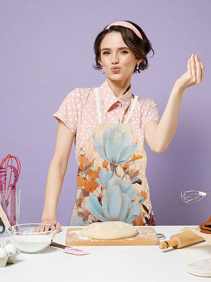 1pc Bluebell Flower Print Linen Apron, Single-Sided - Multicolor - View 1