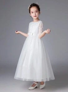 Tween Girl Lace Contrast Mesh Mid-Sleeve Birthday Party Performance Dress - White - View 4