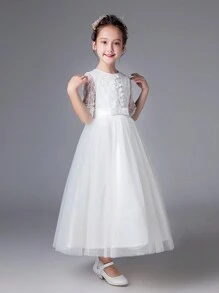 Tween Girl Lace Contrast Mesh Mid-Sleeve Birthday Party Performance Dress - White - View 3