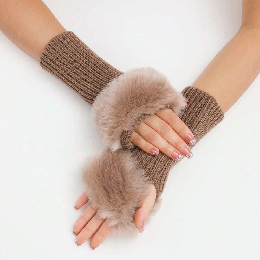 1pc Fine Stripe Short Knit Glove With Cuff, Fashionable Autumn And