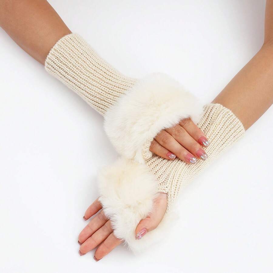 1pc Fine Stripe Short Knit Glove With Cuff, Fashionable Autumn And