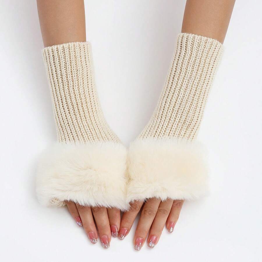 1pc Fine Stripe Short Knit Glove With Cuff, Fashionable Autumn And