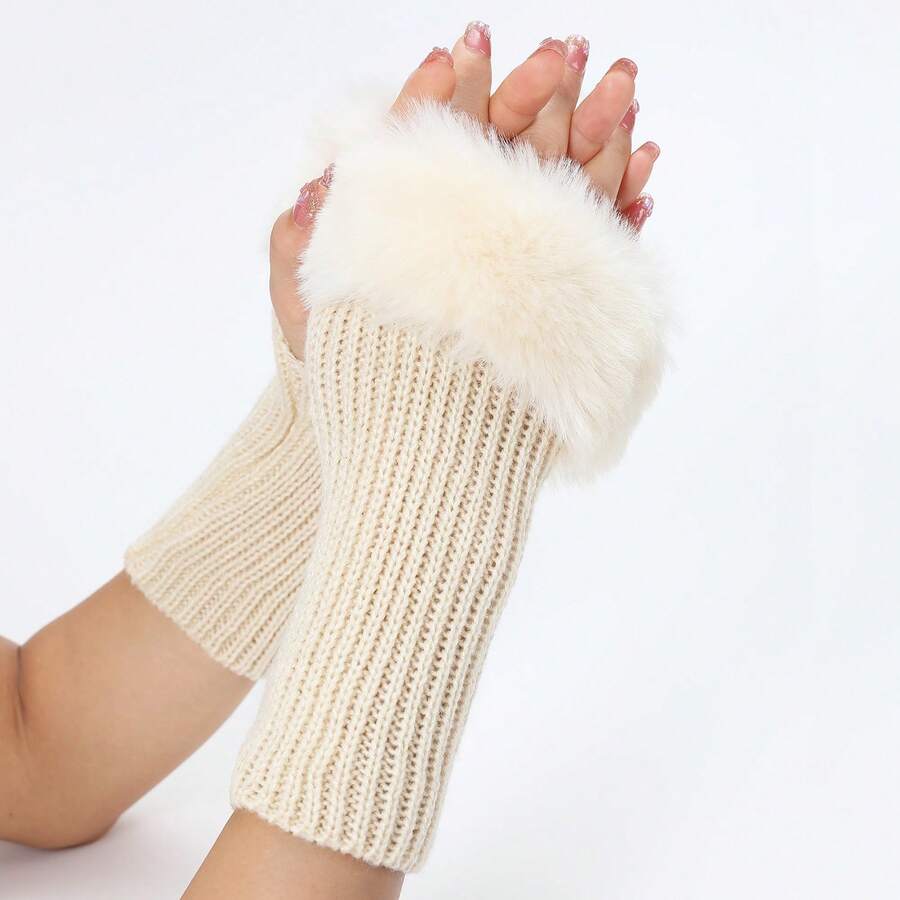 1pc Fine Stripe Short Knit Glove With Cuff, Fashionable Autumn And