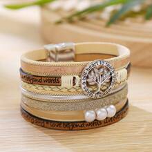 HX Inspirational Women's Multi-Layered Life Tree Design Leather Bracelet With Wide Cuffs & Gift Package - Khaki - View 3
