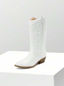 Women'S Cowboy Western Boots Pull On Cowgirl Boots Point Toe Embroidered Detail Chunky Heeled Mid Calf Boots Winter Christmas Valentine's Day Festive Black Boots - 白色 - 查看 1