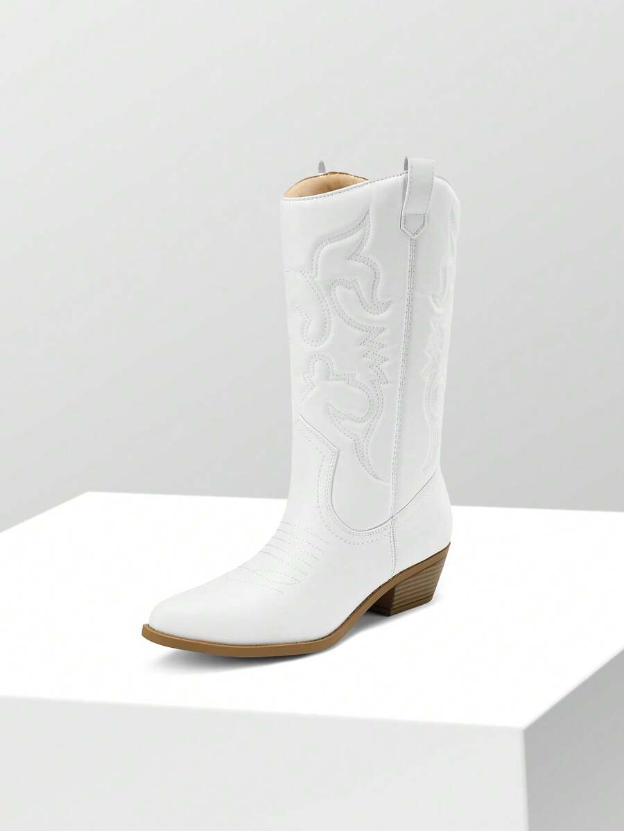Women'S Cowboy Western Boots Pull On Cowgirl Boots Point Toe Embroidered Detail Chunky Heeled Mid Calf Boots Winter Christmas Valentine's Day Festive Black Boots - 白色 - 查看 1