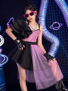 Kpop少女T台走秀服装，女孩模特T台时装秀生日派对礼服，少女爵士舞儿童舞蹈服（LL0017） - 粉色 - 查看 5