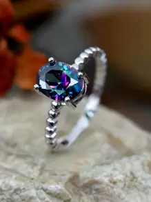 1枚優雅純銀橢圓形彩色立方氧化鋯戒指,適用於女性約會、訂婚、婚禮禮物 - 銀色 - 查看 1