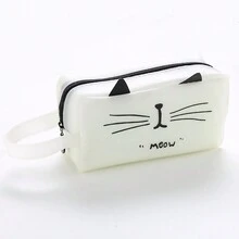 卡哇伊貓咪鉛筆盒,大容量簡單可愛創意攜帶式收納袋,pu皮革學校文具用品 - 白色 - 查看 3