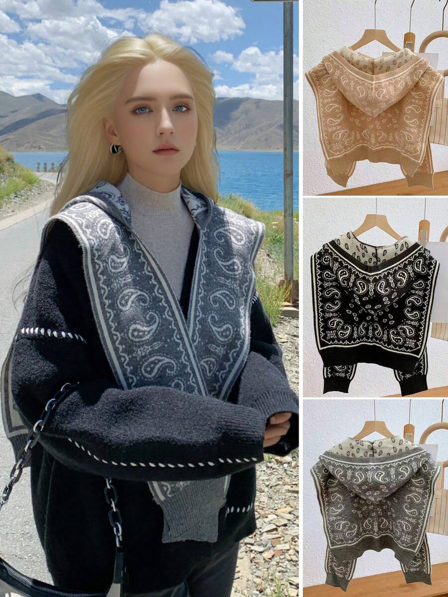 1pc Women's Knitted Hooded Shawl Cape Photography Prop And All-Match Shawl For All Seasons - Grey - View 1