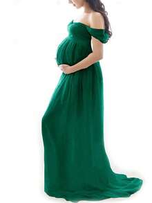 Vestido Largo Embarazada Sesión Fotográfica Maternidad Fotos De color sólido sin mangas - Verde Oscuro - Ver 2