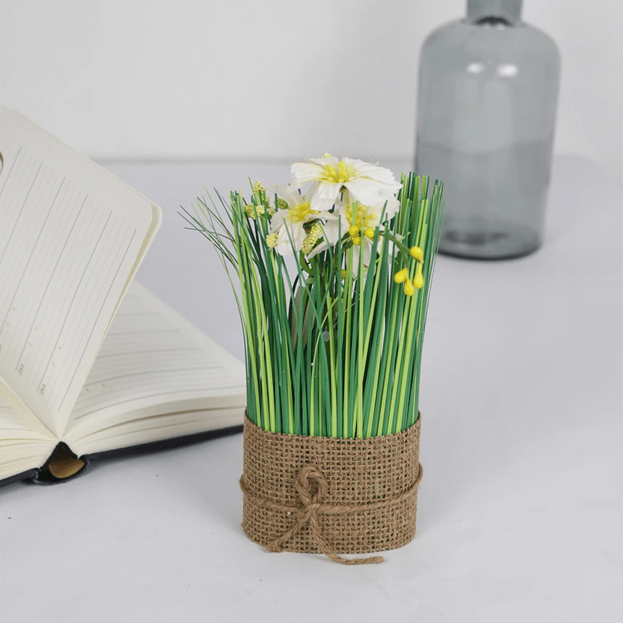 1pc Small Nordic Style Artificial Reeds & Sunflowers Potted Plant For Living Room Decor, Indoor Landscape Ornament - White - View 1