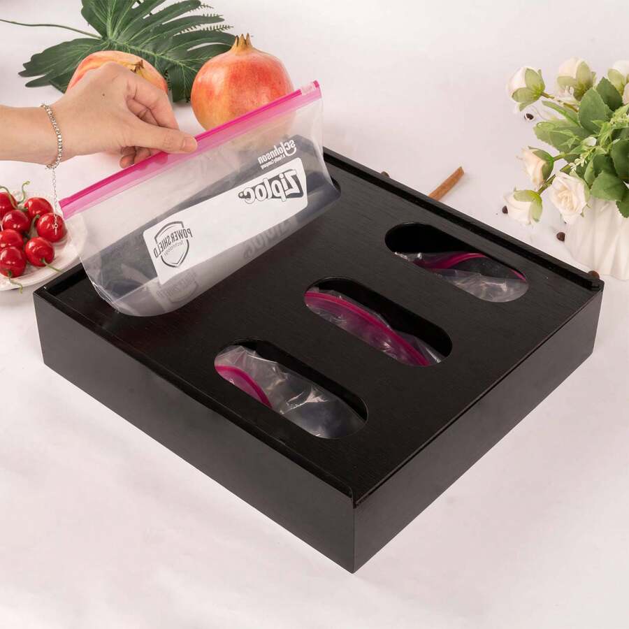 1pc  Bamboo Ziplock Bag Storage Organizer, Plastic Bag Storage Organizer For Kitchen Compatible With Gallon, Quart, Sandwich - Black - View 1