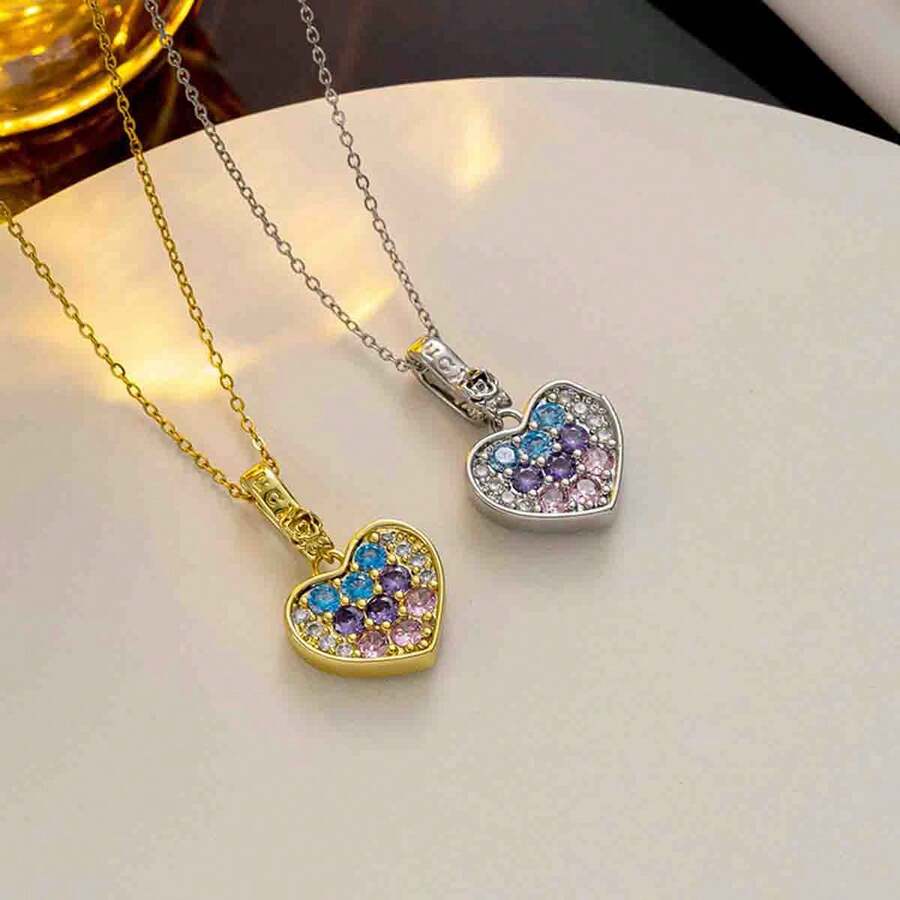 1入時尚心形彩鋯石吊墜項鍊,女性精緻優雅魅力美麗首飾禮物 - 心形 - 查看 1