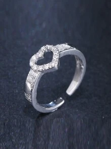 1 件新娘新款时尚简约 Ins 风格个性化爱心多水钻设计百搭女士戒指 - 銀色 - 查看 8