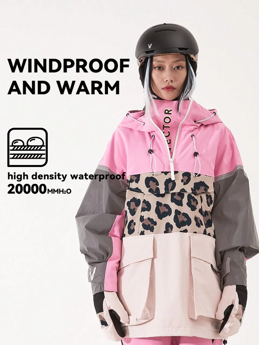 VECTOR MOTION 带帽滑雪服，防风防水，反光条设计，透气弹力轻盈保暖生物法兰绒面料，半拉链设计，适合滑雪板和单板滑雪，粉色冬季滑雪服