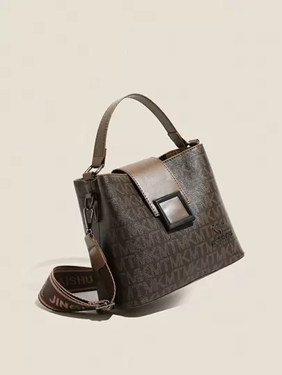 女式四季字母pu斜挎包,金屬五金點綴肩袋,寬帶復古桶包手提包錢包,適用於工作購物晚會,適合女孩和女士使用