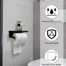 1pc Stainless Steel Toilet Paper Holder With Shelf, Wall Mounted Black Bathroom Tissue Roll Holder, Modern Style - Black - View 1
