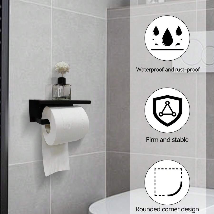 1pc Stainless Steel Toilet Paper Holder With Shelf, Wall Mounted Black Bathroom Tissue Roll Holder, Modern Style - Black - View 1