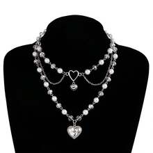 1pc Pearl & Heart Design Multi Layered Necklace - Silver - View 7