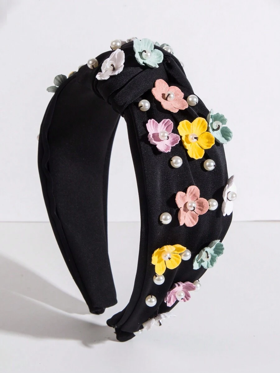 1頂手工寬邊珍珠花朵頭帶，適用於女士派對波西米亞風格