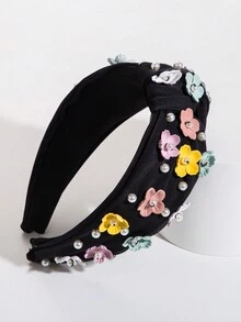 1頂手工寬邊珍珠花朵頭帶，適用於女士派對波西米亞風格