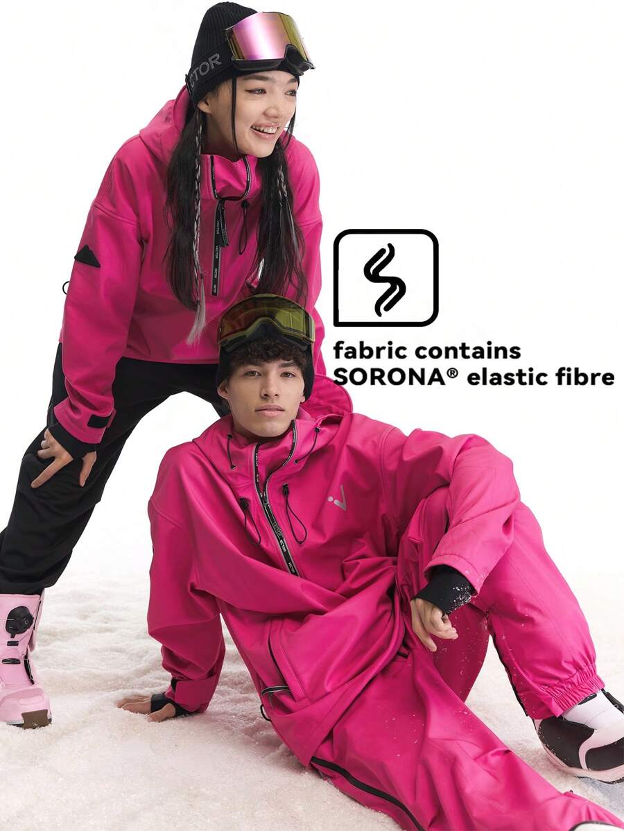 VECTOR MOTION 情侶款保暖抗寒斗篷式滑雪套裝：連帽滑雪外套和褲子,男女皆宜,防風、防水、輕便、保暖、透氣、耐用、舒適,適用於滑雪和滑板運動 - 粉色 - 查看 1
