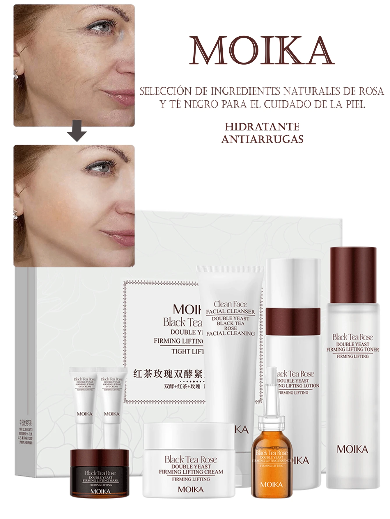 MOIKA Skin Care Sets, Ergothioneine Anti-Wrinkle Set, Power Repair Concentrated Essence Set, Moisturizing And Anti-Aging, Firming And Lifting, Hyaluronic Acid Deep Hydration, Includes Cleanser, Mask, Lifting Lotion, Lifting Lotion, Serum, Lifting Cream - Red - View 1