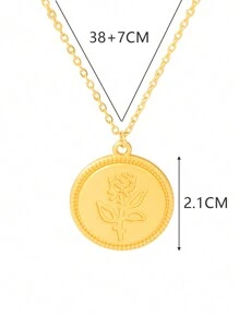 1 件歐式簡約雕刻玫瑰圓形吊墜項鍊女式復古鎖骨鏈項鍊情人節禮物時尚首飾 - 金黃色 - 查看 11