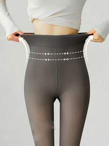 1對厚實毛絨內裡長褲襪，冬季不透明純色保暖褲襪，女士絲襪襪子 - 灰色 - 查看 4