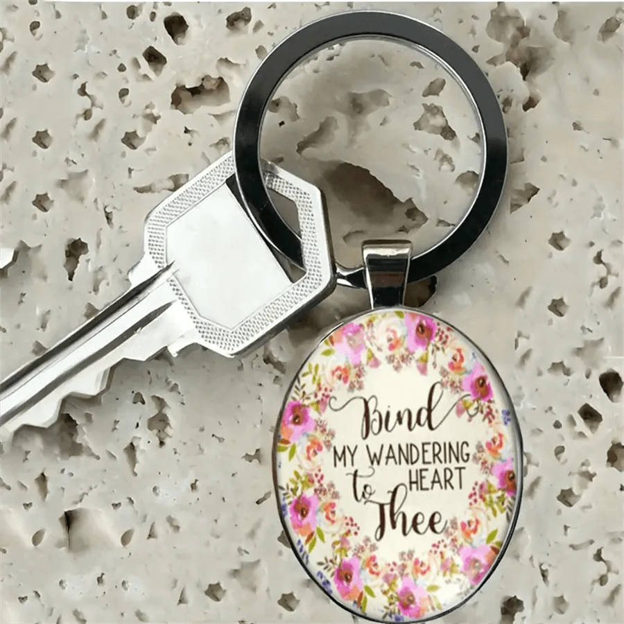 'bind My Wandering Heart To Thee' 圓形玻璃鑰匙扣,花紋經文鑰匙扣,徒禮物 - 復古銀色 - 查看 1
