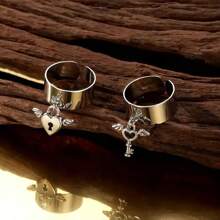 suteyi 2pcs Fashion Wide Ring With Cute Key / Lock Pendant Adjustable Cuff Ring Perfect Accessories For Couple Cheap Thing - Silver - View 2