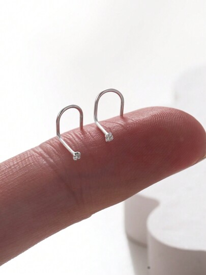 2PCS 925 Sterling Silver Nose Stud Ring Piercing Hook Nose Screw Tiny1.5mm Crystal 24Gauge Pin