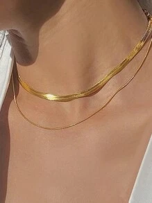 FOREVER QUEEN S925 Sterling Silver Double Layer Snake Bone Chain Women's Fashion Simple  Chain - Gold - View 1