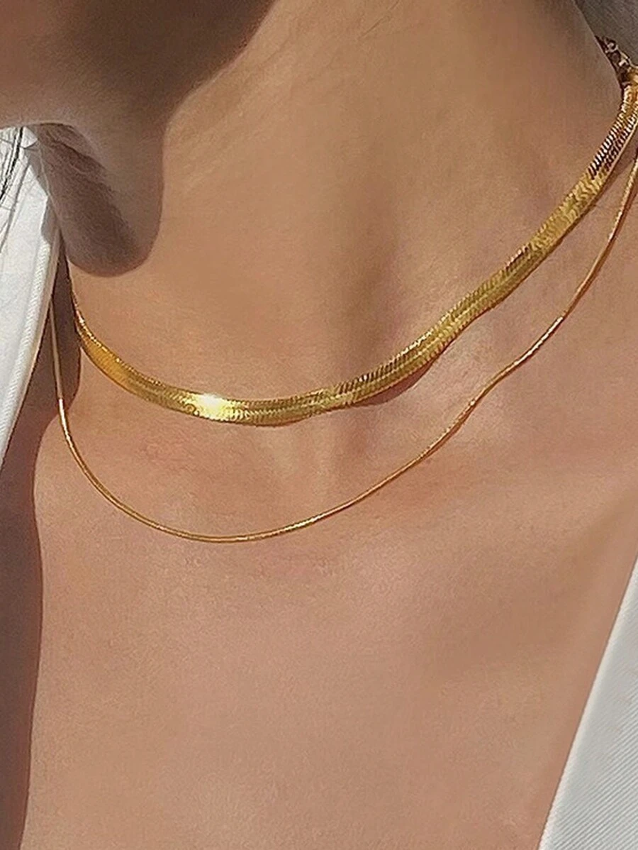 FOREVER QUEEN S925 Sterling Silver Double Layer Snake Bone Chain Women's Fashion Simple  Chain - Gold - View 1