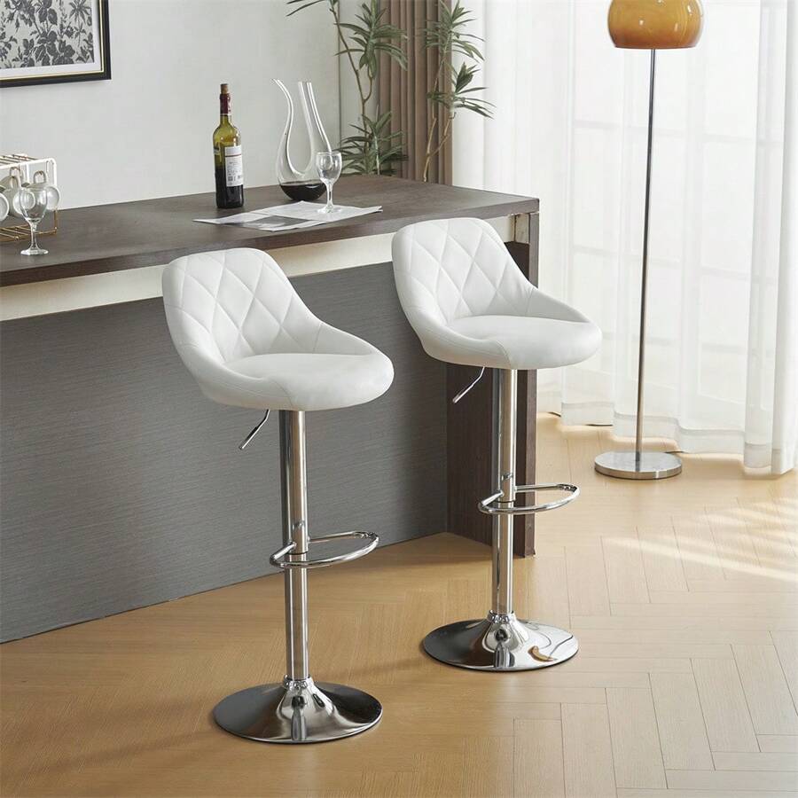 Bar Stool Set Of 2, PU Bar Chair Height Adjustable, 360° Swivel Chair, Kitchen Chair, Backrest - White - View 1