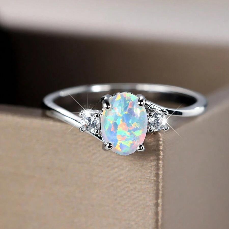 1pc Elegant Sterling Silver Oval White Australian Opal & Small White Ring, Engagement/wedding/anniversary Gift For Women