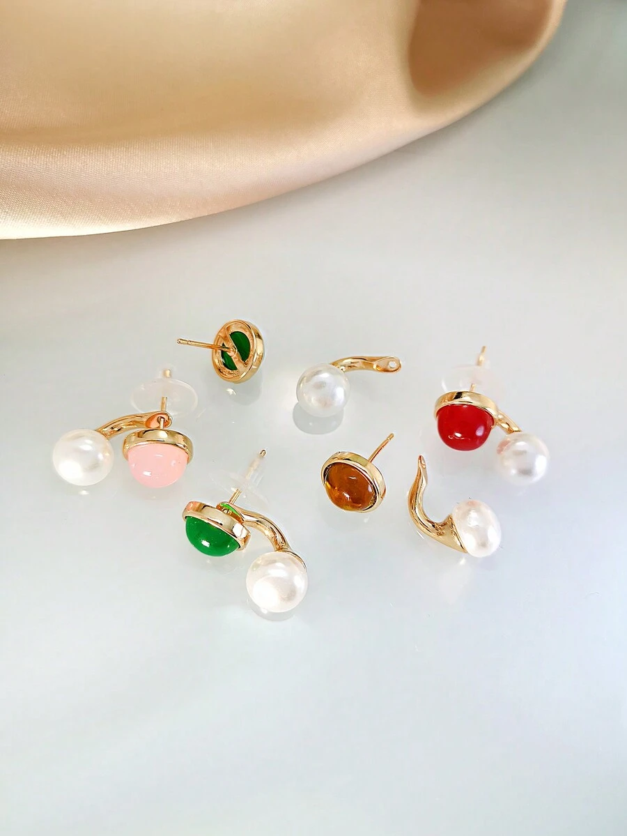 1pair Fashionable Vintage Resin Ruby & Pearl Decor Round Ball Shaped Stud Earrings For Women - Multicolor - View 1