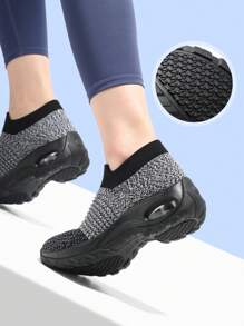 STQ Womens Walking Shoes Slip-On Lightweight Mesh Sneakers Breathable Tennis Comfortable Platform Wedge Shoes - 灰黑色 - 查看 3