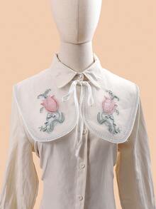 女款花卉刺繡鏤空鉤針假領圍巾披肩夏季時尚裝飾輕盈斗篷適合藝術空調房 - 白色 - 查看 1