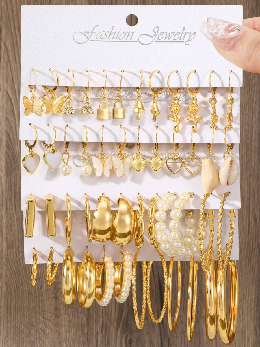 48pc Creative Fashion Water Drop Shaped Faux Pearl Women's Earrings Set, Multi-, Jewelry Gift For Party, Holiday And Other Occasions - Gold - View 1